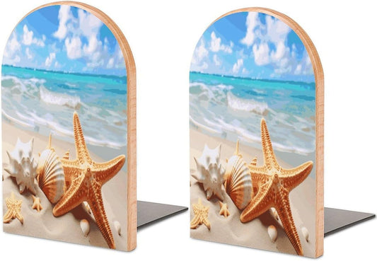 Starfish Seashell Ocean Beach Bookends 1 Pair Heavy Duty Book Ends for Shelves Non-Skid Bookend Supports Wooden Book Holders with Metal Base Desk Organizers Books Storage to Hold Books