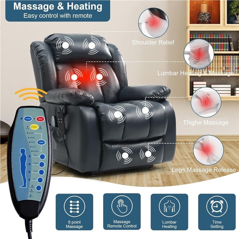 Adjustable Large Power Lift Recliner Chair with Heat and Massage, Lay Flat Electric Recliner Chair for Elderly, Infinite Position Lift Chair with USB Ports and Remote