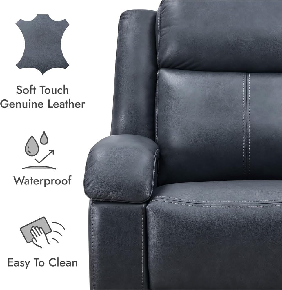 Blue Leather Power Recliner Chair for Adults, Modern Electric Reclining Sofa with USB Charging Ports, Comfortable Home Theater Electric Recliner for Living Room
