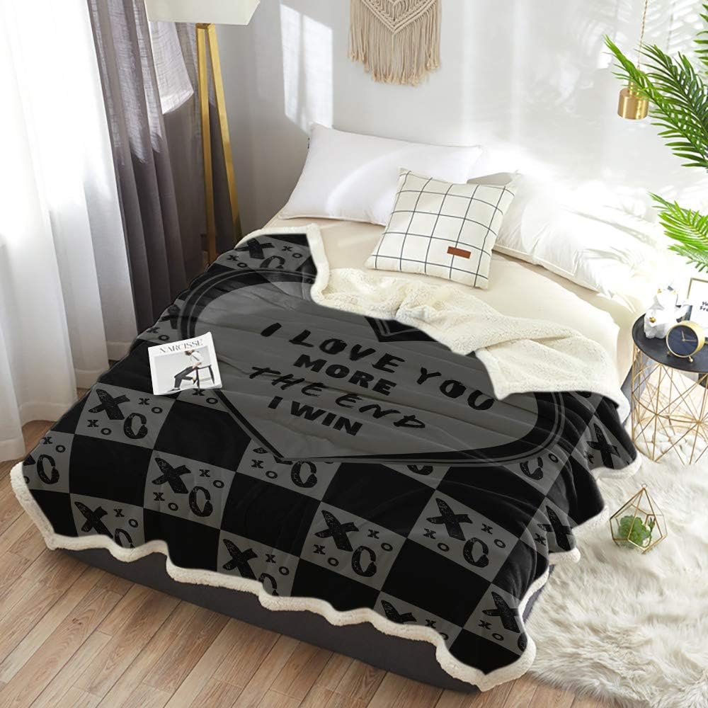 Sherpa Fleece Blanket Ultra Soft Throw Blanket - Valentine's Day I LOVE YOU MORE THE END I WIN Dark Grey - Fuzzy, Cozy, Shaggy, Warm - Reversible Microfiber Blanket for Bed Sofa Couch, 49 x 79 Inches