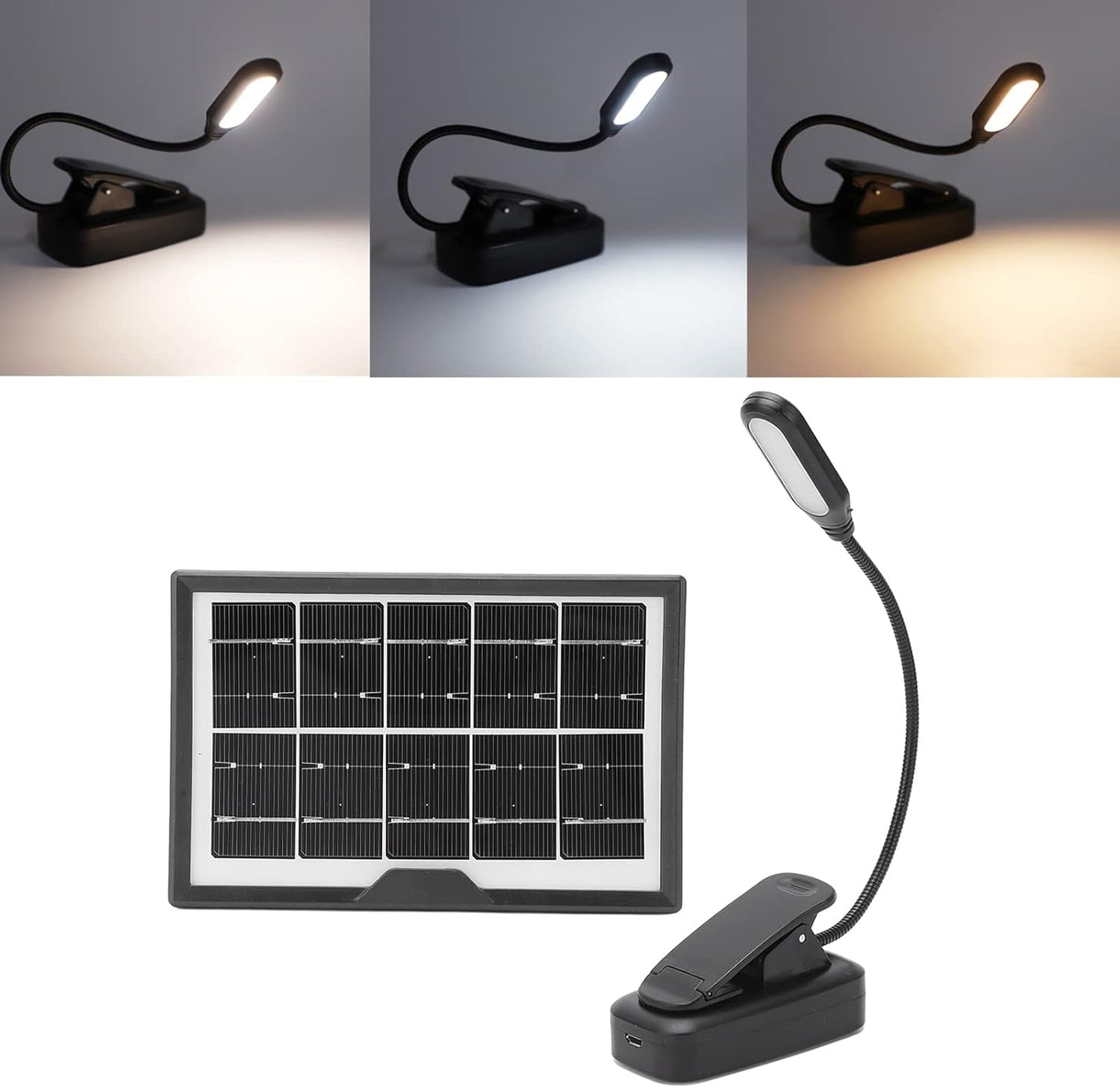 Solar Clip on Book Light LED Reading Light USB Rechargeable and Solar Powered, 3 Color Temperature Flexible Neck& Clip on Black