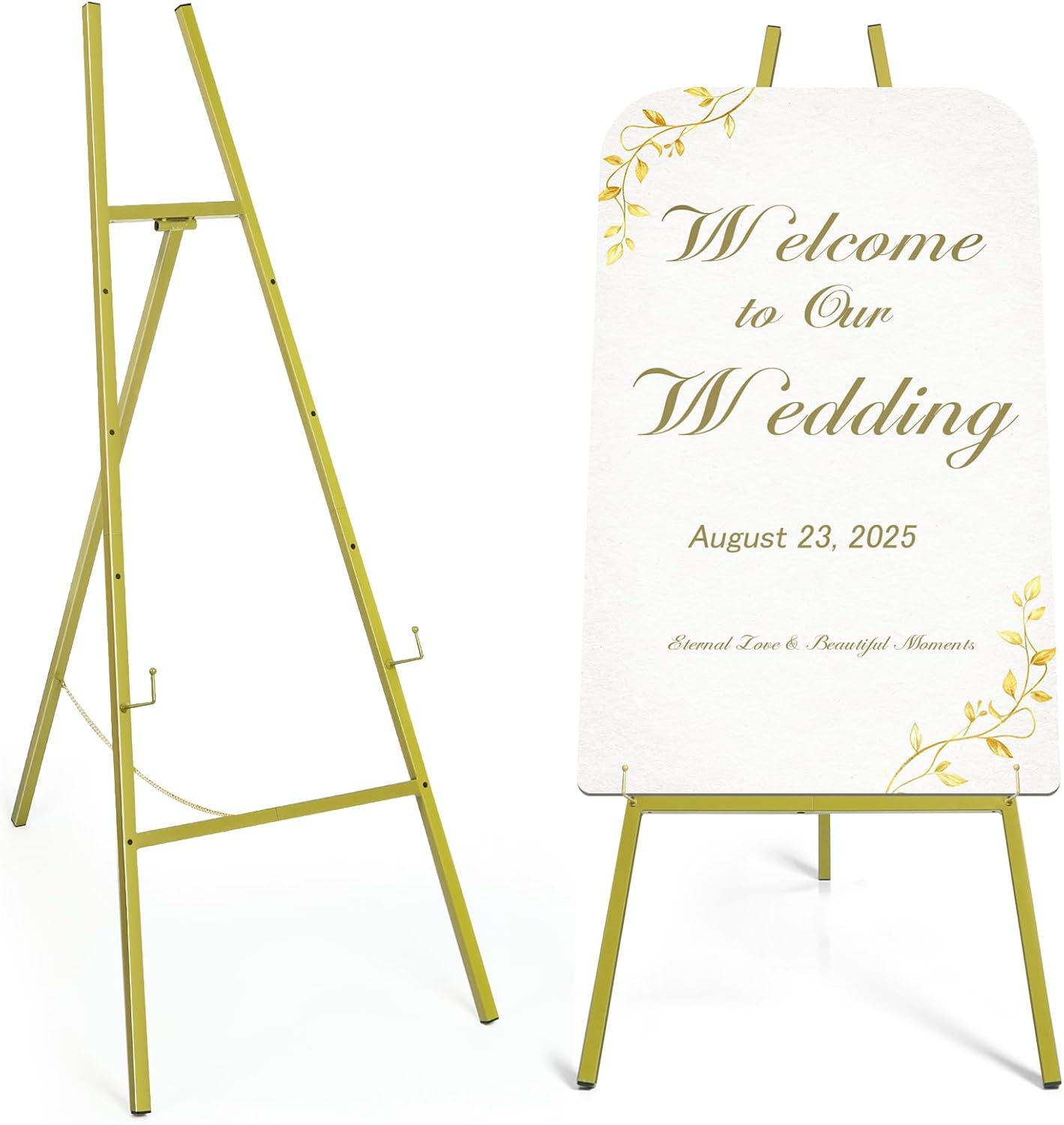 57" Heavy Duty Gold Easel Stand for Wedding Signs – Holds up to 50 lbs Metal Floor Easel for Welcome Sign, Seating Chart, Art & Mirrors – Quick 5-Min Assembly, Adjustable Display Stand
