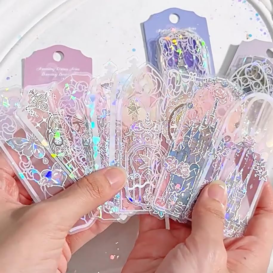 40Pcs Holographic Bookmark, Transparent Waterproof Flashing Castle Butterfly Flower Bookmarks, Rose Floral Window Bookmark Book Markers for Book Lover Kids Teacher Student Birthday Gift (Holo)