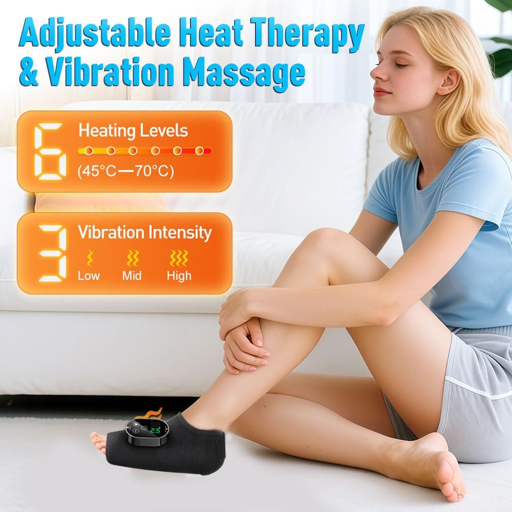 Ankle Massager,3-in-1 Wearable Hot & Vibration Massager for Feet, Ankles, and Arms | Reusable Heating Pad Brace for Home Recovery (Black)