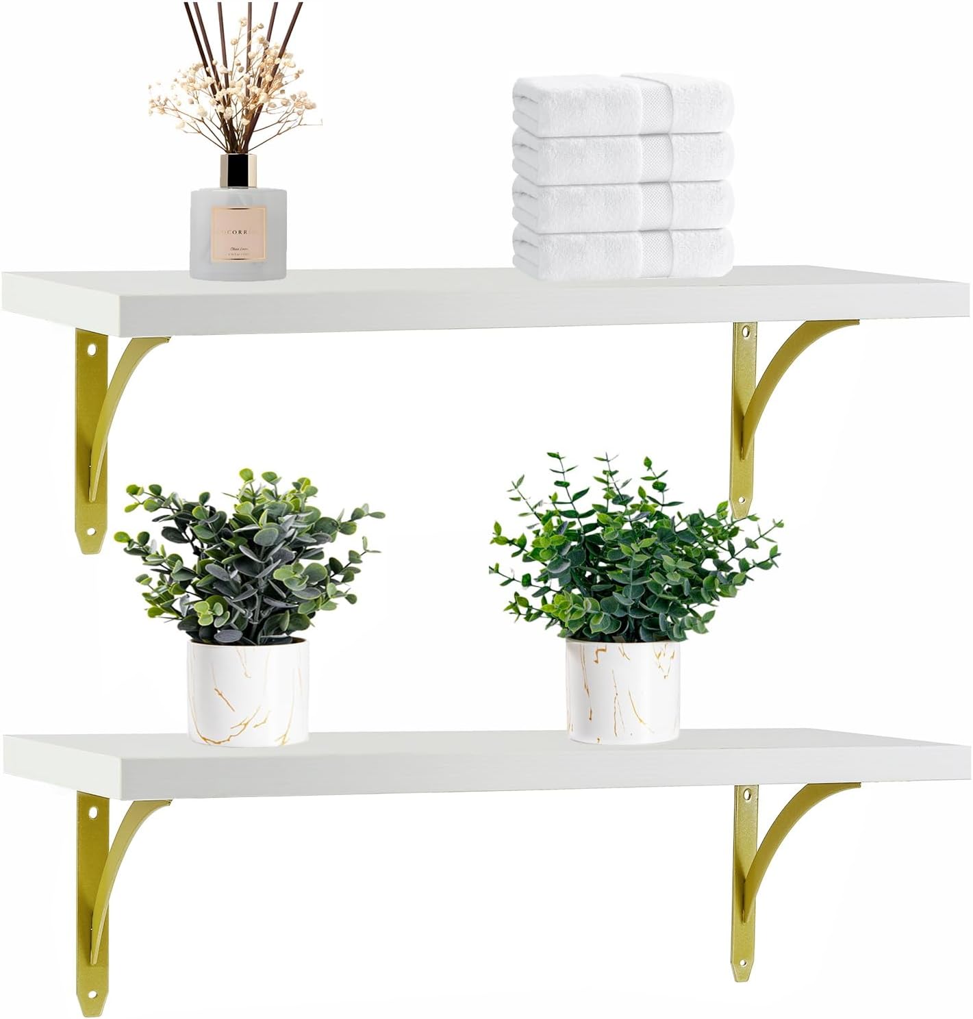 White and Gold Shelves for Wall 23 in - 0.71in Thick Engineered Wood with Solid Pine Core,Heavy Duty Water-Resistant White Gold Wall Shelf for Bathroom,Living Room Set of 2