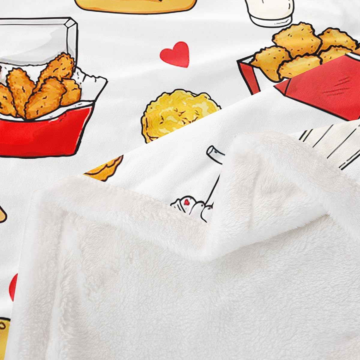 Feelyou Cute Pizza Sherpa Throw Blanket for Couch Chips Hamburger Super Soft Cozy Fleece Chicken Nugget Blanket for Winter, Plush Throw Food Theme Queen 90"x90" All Season