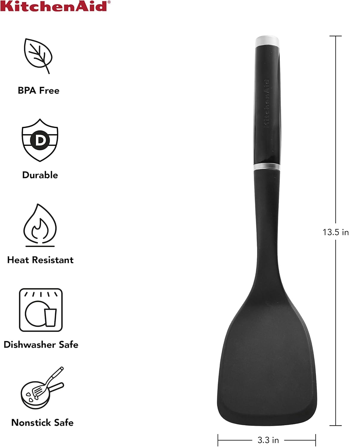 KitchenAid Classic Solid Turner, Black, 13.5x 3.3 Inch