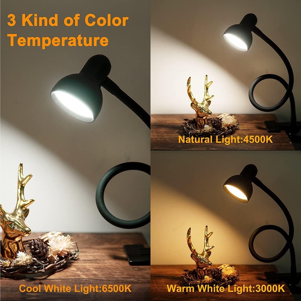 Clip on Light Reading Lamp 3000-6500K 10-Levels Brightness Clamp Light Eye Protection LED Desk Lamp 360° Flexible Gooseneck Book Light for Bed Bedside Headboard Home Office (White&Black)