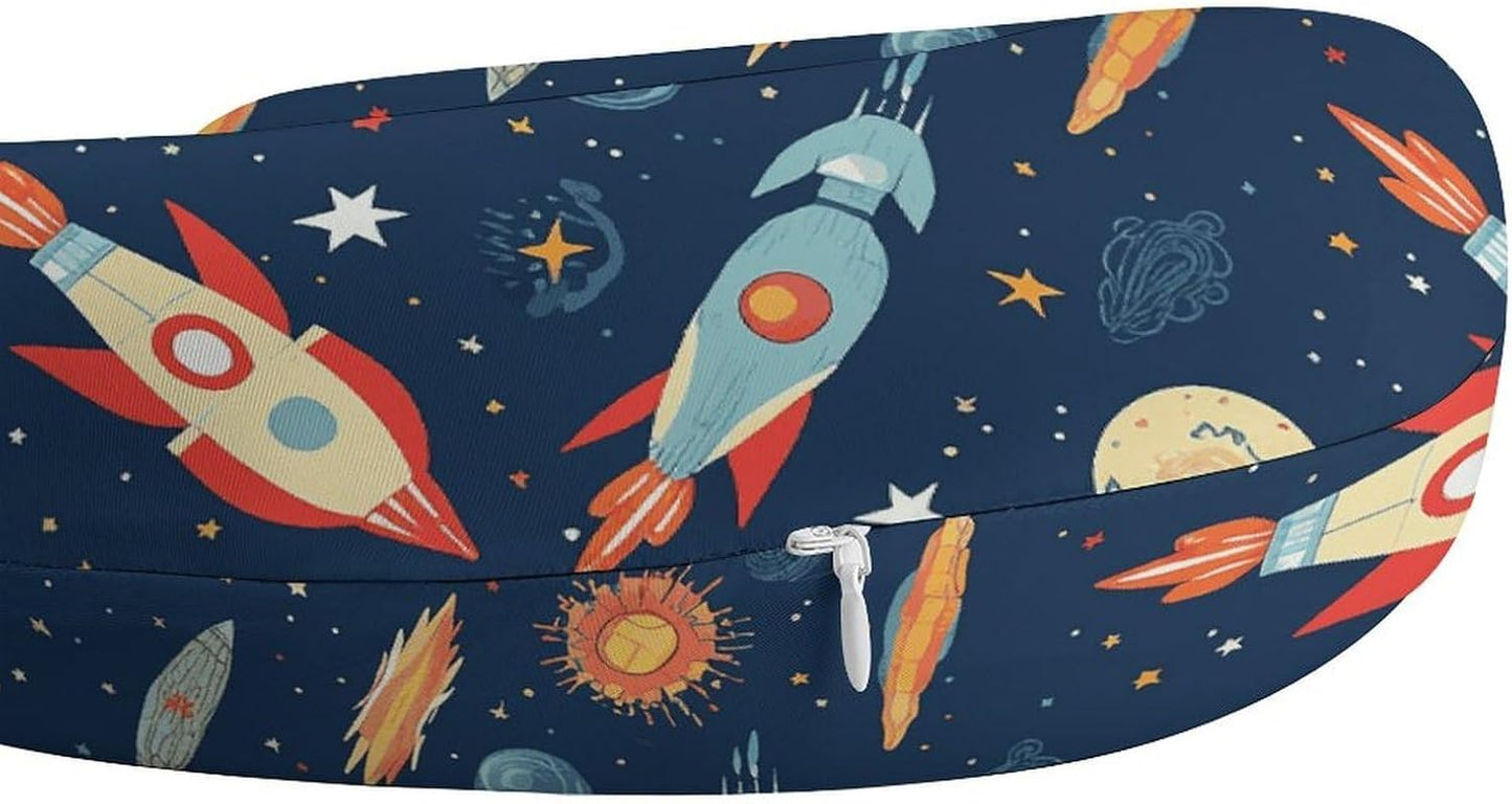 Rocket in Space Neck Pillow Memory Foam U Shaped Pillows Portable Pillows for Shoulder Travel Head Support Pillow with Concealed Zipper for Airplane Car Home Office