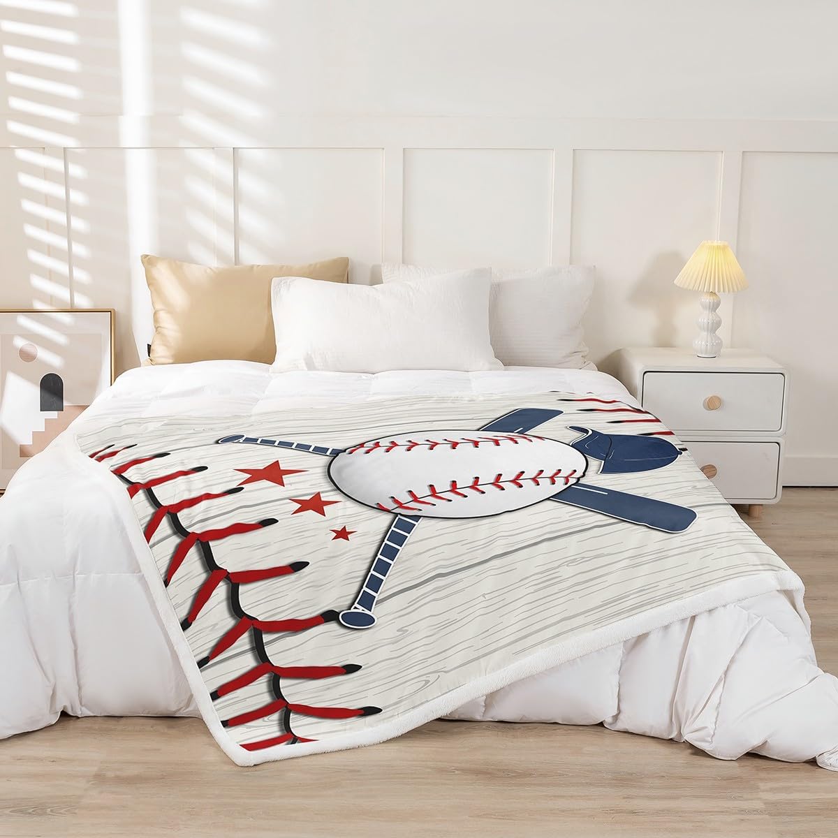 Baseball Print Bed Blanket Vintage Wood Throw Blanket Lightweight Soft Cozy Luxury White Red Navy Fleece Blanket Sports Flannel Blanket for Sofa Bedroom Office Travel All Season(Twin 60"x80")