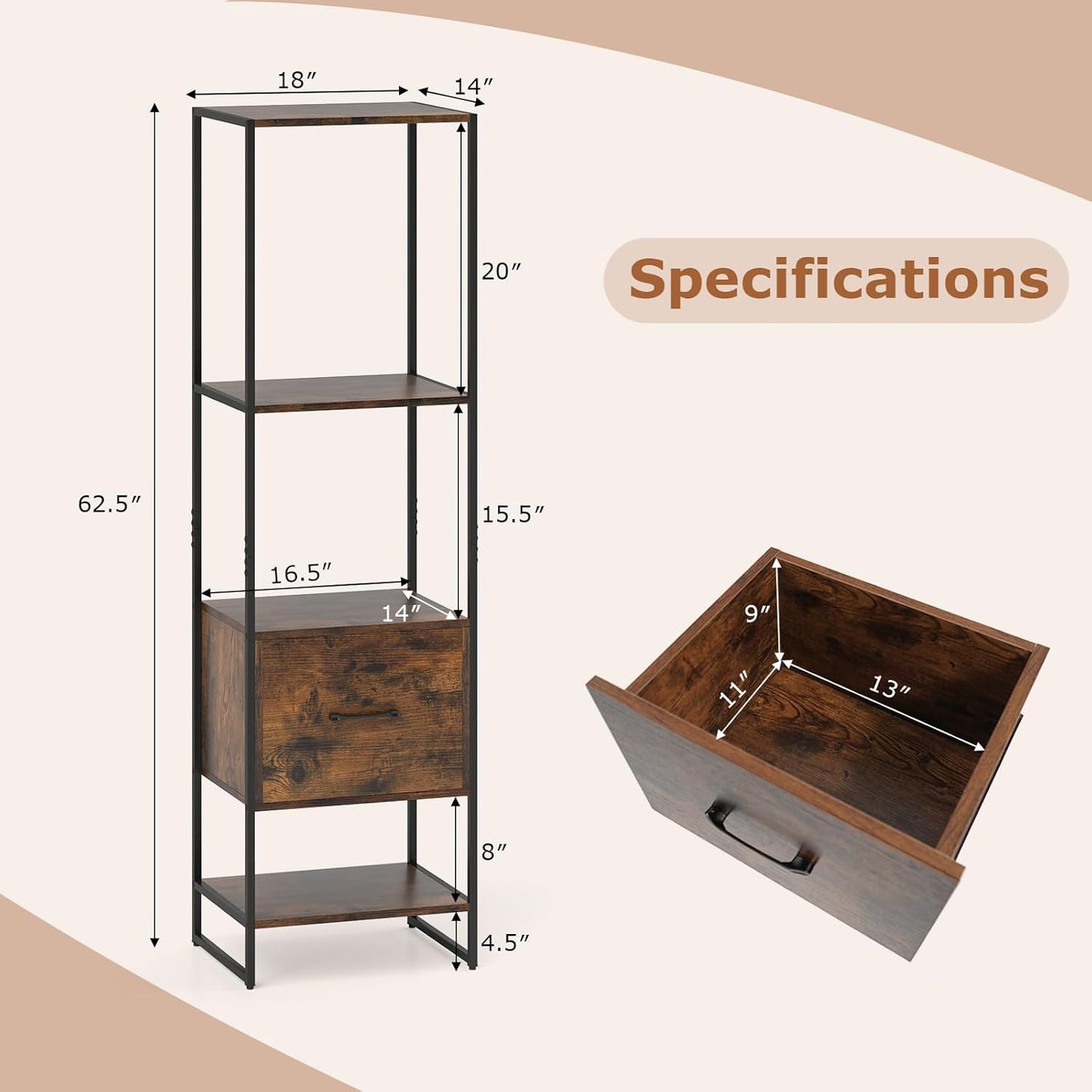 Tangkula 4-Tier Bookshelf with Drawer, 62.5” Tall Narrow Bookcase with Metal Frame & Anti-tip Kits, 4 Open Shelves & Pull-Out Drawer, Modern Slim Display Storage Rack for Living Room Study (1, Brown)