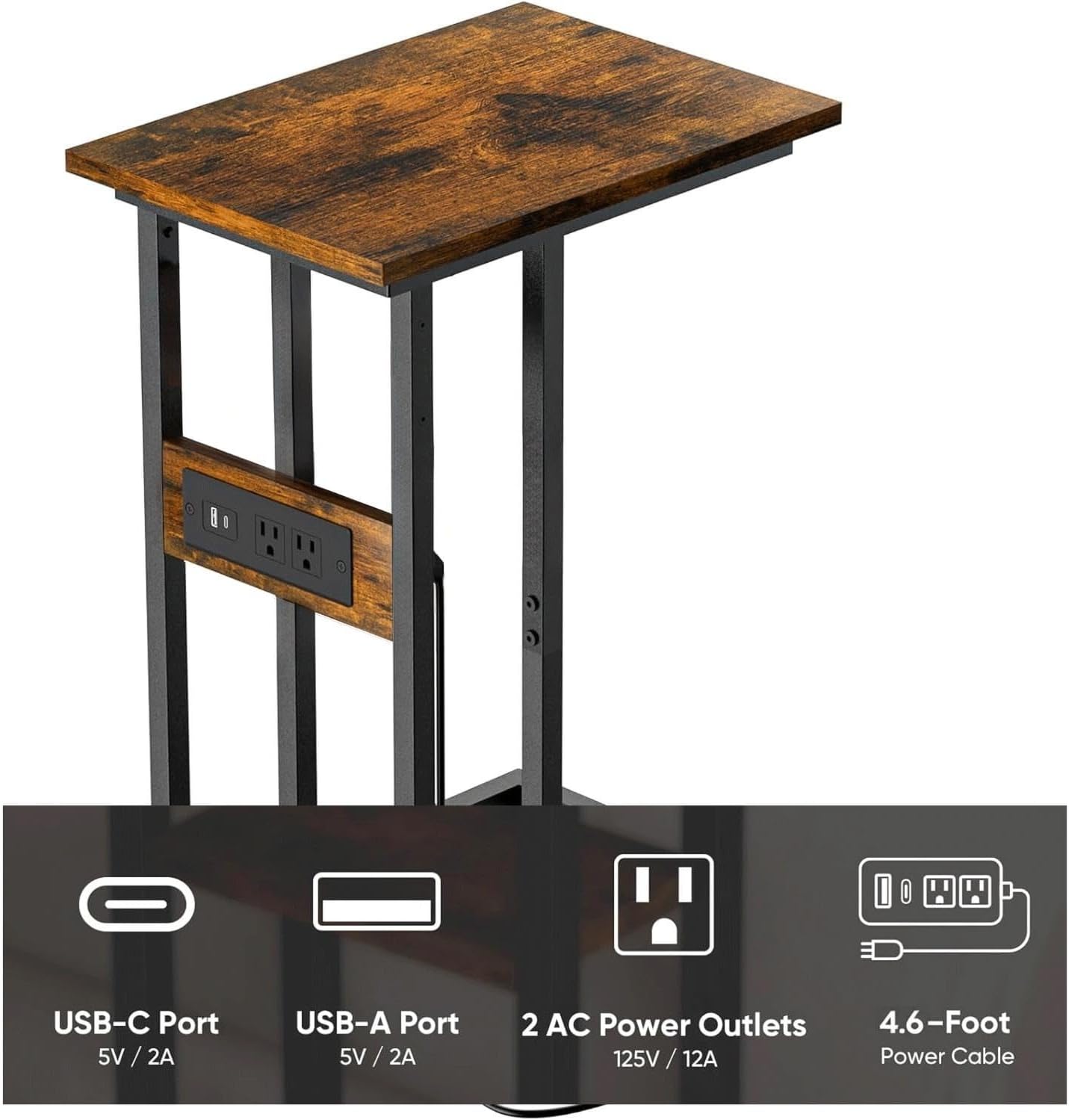 BUDOME C Shaped Side Table with Charging Station, End Table with Outlets, Sofa Table with USB C Ports, C Table with Premium Surface and Metal Frame for Living Room