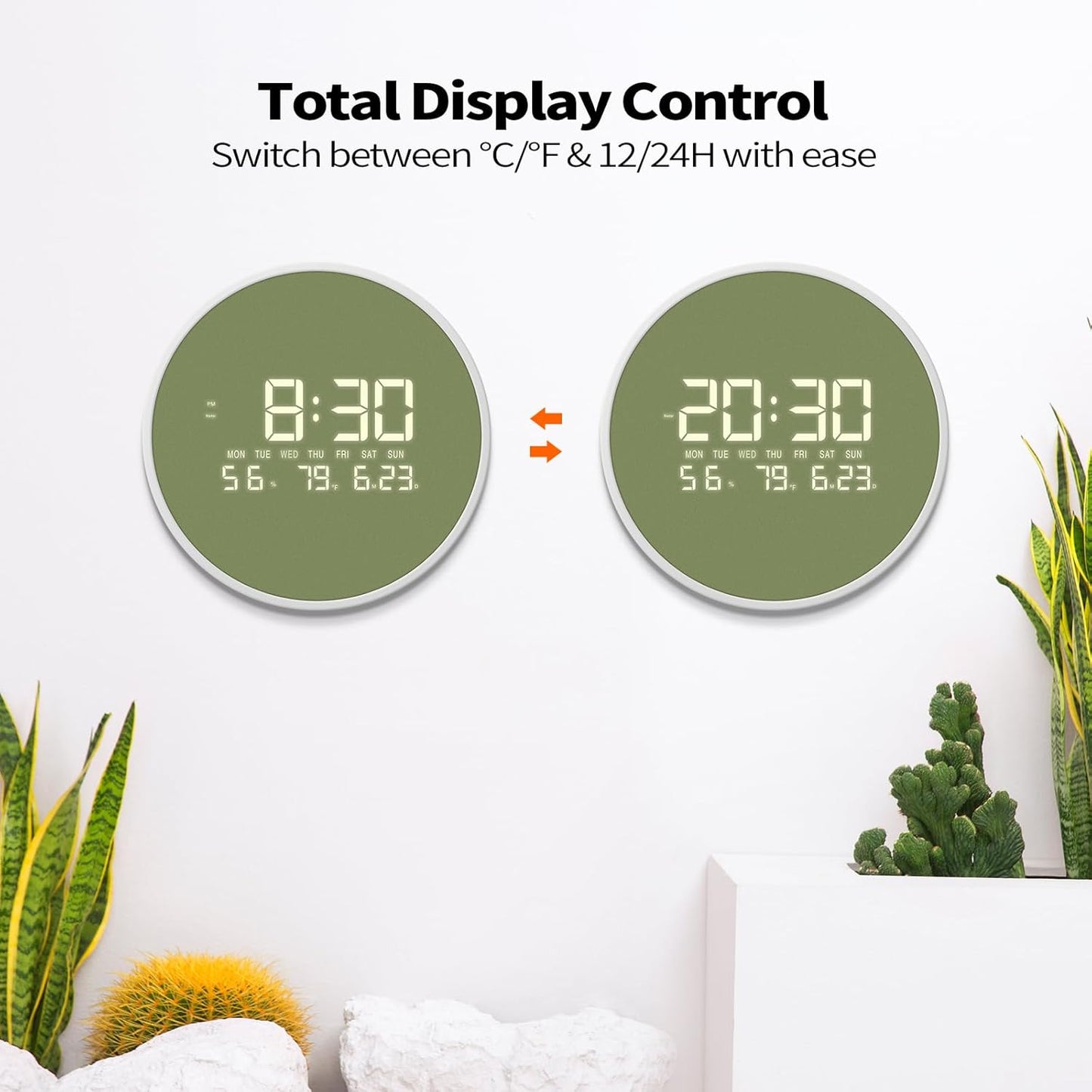 LED Digital Wall Clock with Temperature Humidity Display Auto Light Sensor 12/24H Format Large Number Calendar Modern Decorative 12-Inch Round Clocks for Living Room Bedroom Office Kitchen