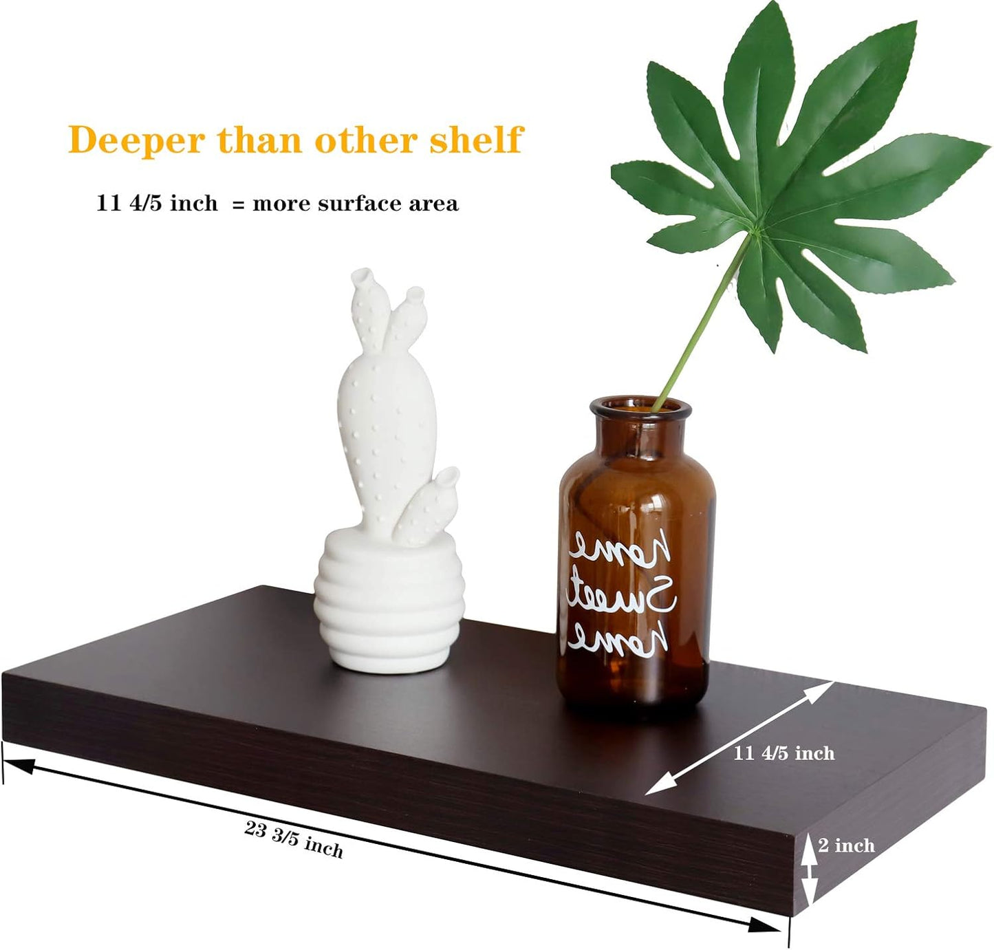 12 Inches Deep 24 Inches Long Floating Wall Shelves 2 Pack,Wall Mounted Espresso Floating Shelf 23.6" L x 11.8" D x 2" T, for Bedroom, Bathroom, Living Room and Kitchen Storage,Espresso.