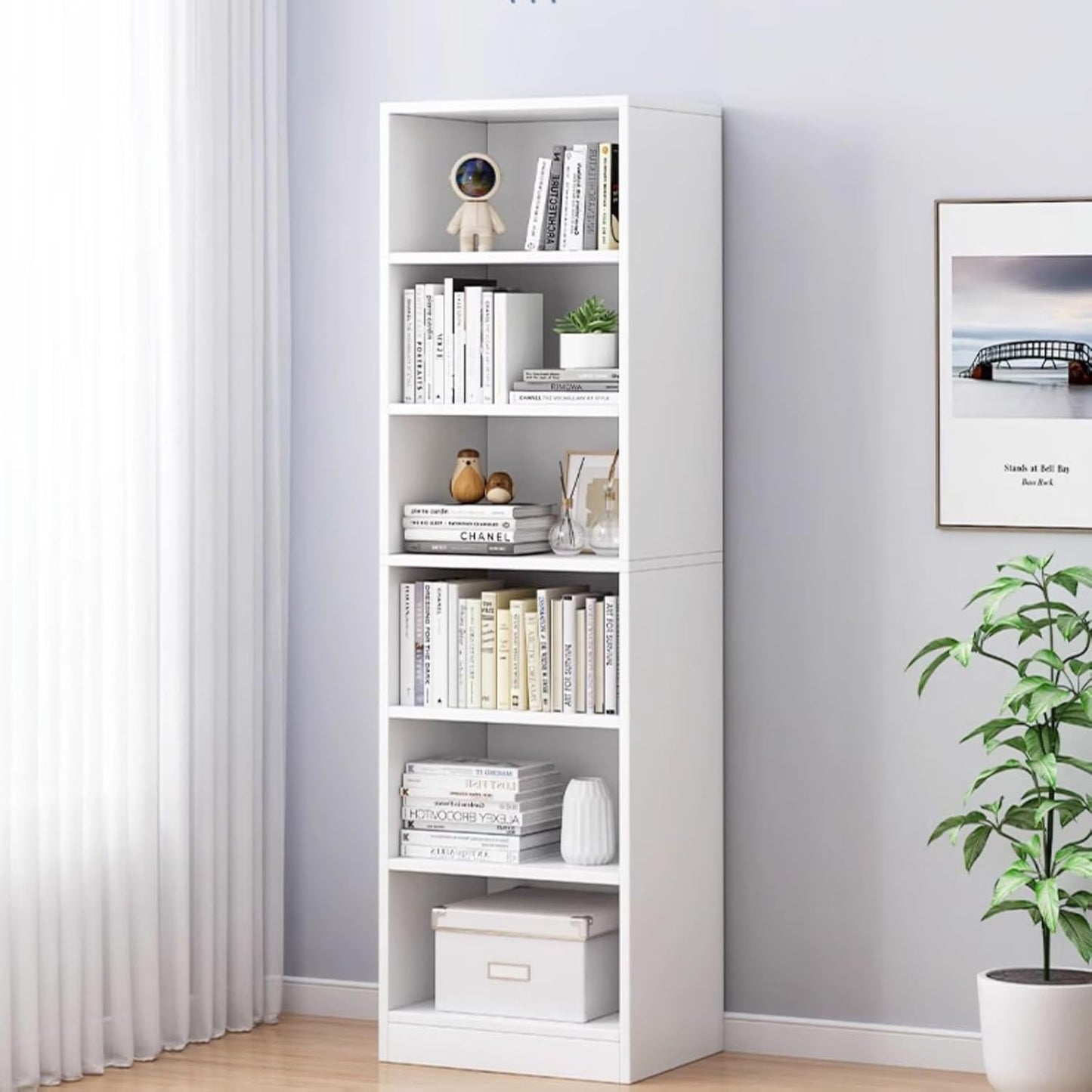 Tall Narrow Corner Bookcase - Four-Tier White Bookshelf with Open Shelves, Space-Saving Storage Tower Rack, Modern Cubes Shelf for Small Spaces
