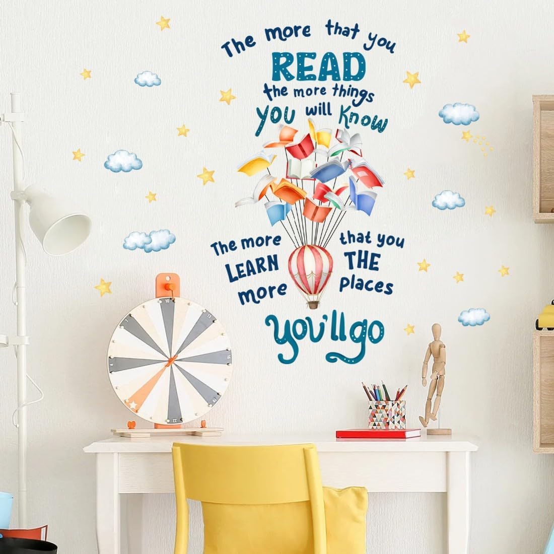 Reading Book Wall Decal,The More That You Read The More Things You Will Know Inspirational Quote Vinyl Wall Stickers, Removable Educational Reading Artwork for Classroom Office Library Decor