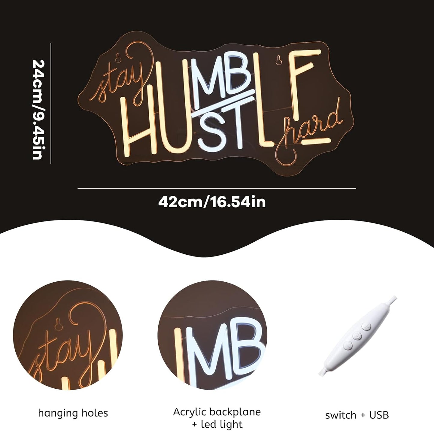 ineonlife Stay Humble Hustle Hard Neon Sign Accessories Light Up for Wall Decor Modern Led Sign for Gym Small Acrylic Art Decor for Office Bedroom Decorations