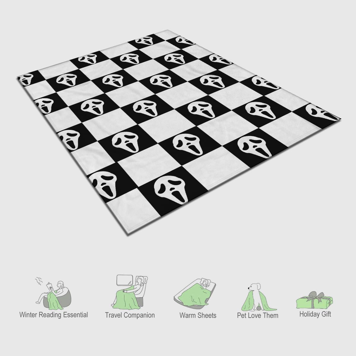 Spooky Face Throw Blanket, Black and White Checkered Pattern, Halloween Ghost Blankets Fuzzy Gifts for Sofa Couch Bedroom (60 * 80 inch)