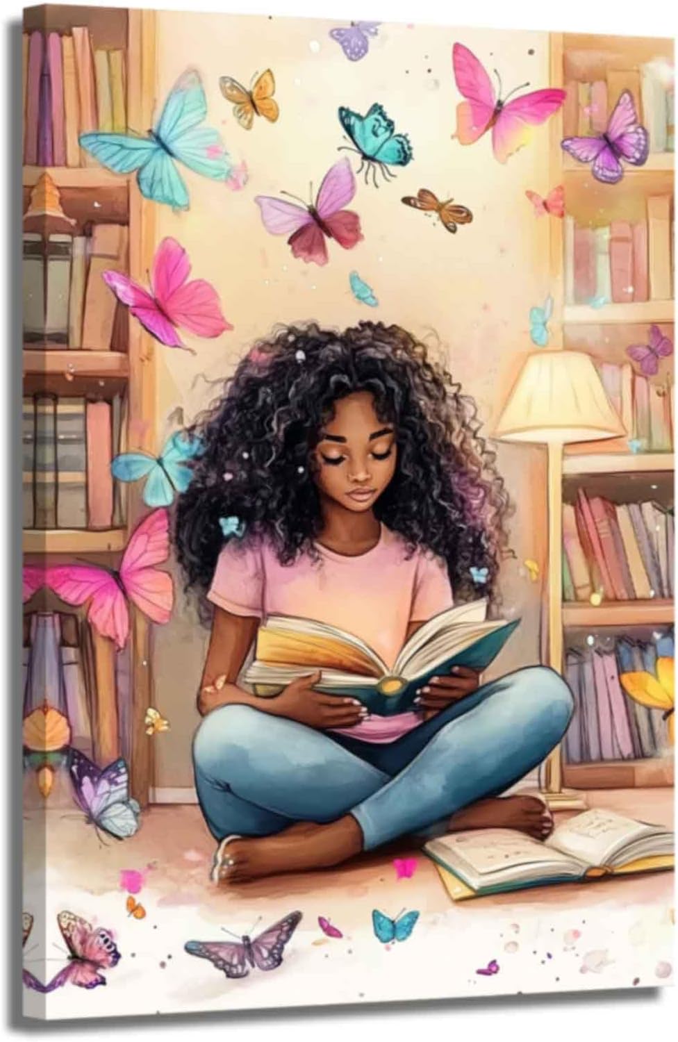 XLMDYYSW African American Wall Art Colourful Black Girl Reading Book Pictures Black Woman Canvas Prints Watercolor Butterfly Painting for Bedroom Decor Framed (Pink, 18L x 12W)
