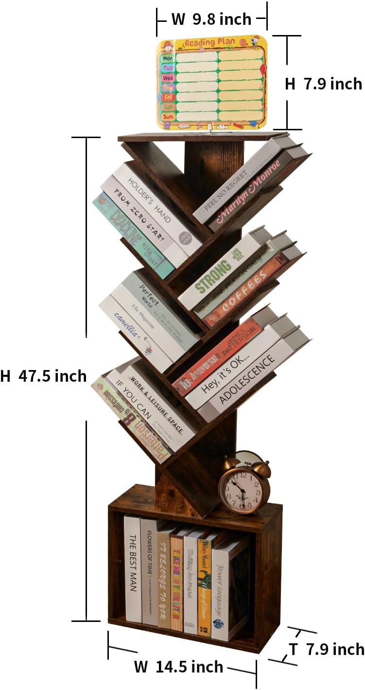 7 Tier Tree Book shelf, Small Bookcase with Reading Planner and Activity Panel, Modern Floor Standing Corner Tall Narrow Storage Cabinet Bookshelves for Home Office Bedroom Living Room (Rustic Brown)