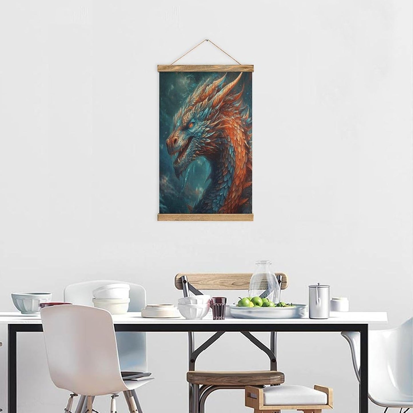 Vintage Dragon Art Poster with Wooden Frame Personalized Linen Hanging Scroll Painting Rustic Wall Hanging Illustrative Modern Artwork Decor for Home Living Room Bedroom Office