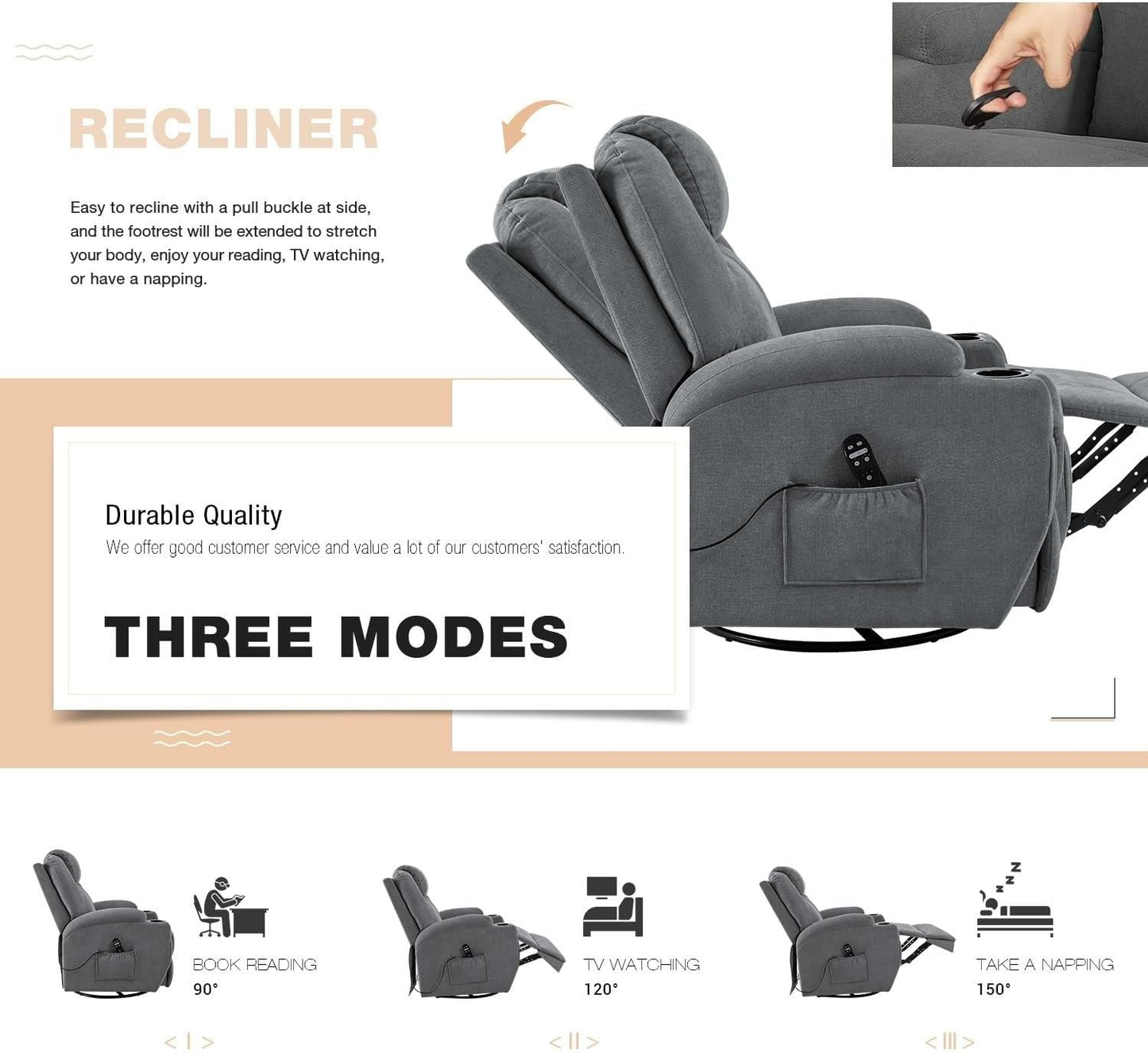 Rocking Recliners Chairs with Massage Classic Swivel Ergonomic Lounge Chair Sofa with 2 Cup Holders Side Pockets for Living Room Home Theater Seat(Gray)