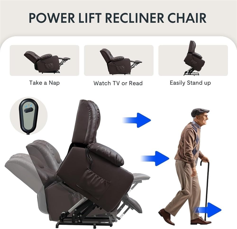 Power Lift Recliner Chair, Living Room Electric Recliner with Massage and Heat, Leather Lift Chair with USB Port and Cup Holders, Adjustable Reclining Sofa with Side Pocket