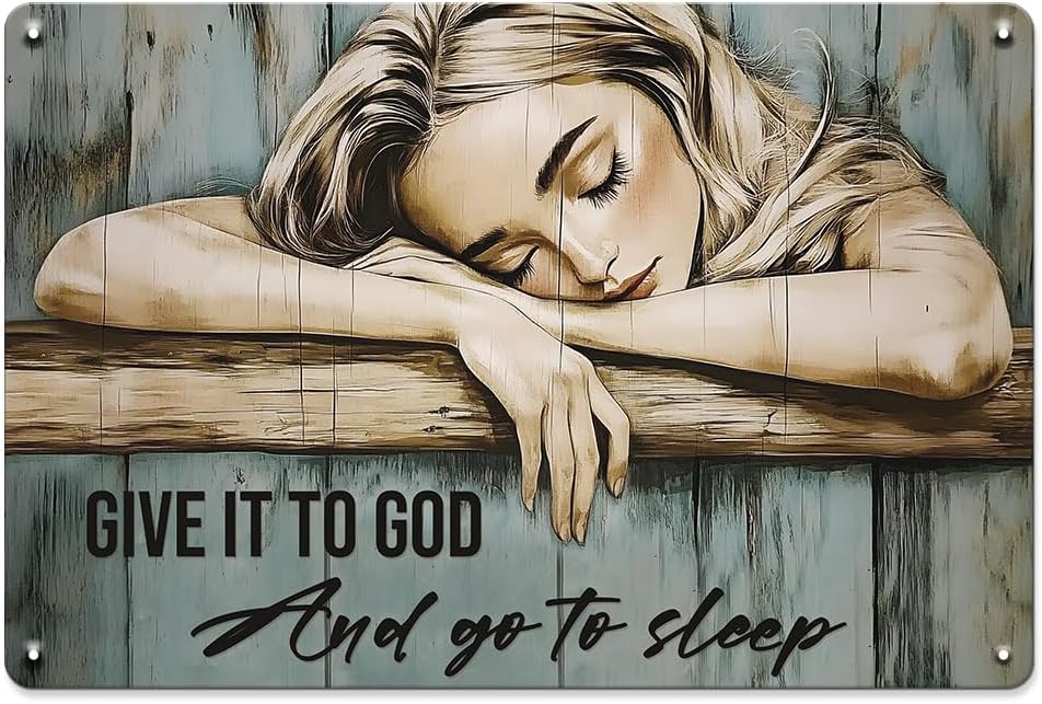 Seeyoo Metal Tin Sign Wall Art - 'Give It to God and Go to Sleep' - Vintage Rustic Metal Sign 7.8 x 11.8 Inch, Christian Home Decor for Bedroom, Living Room, or Gift for Faith Lovers