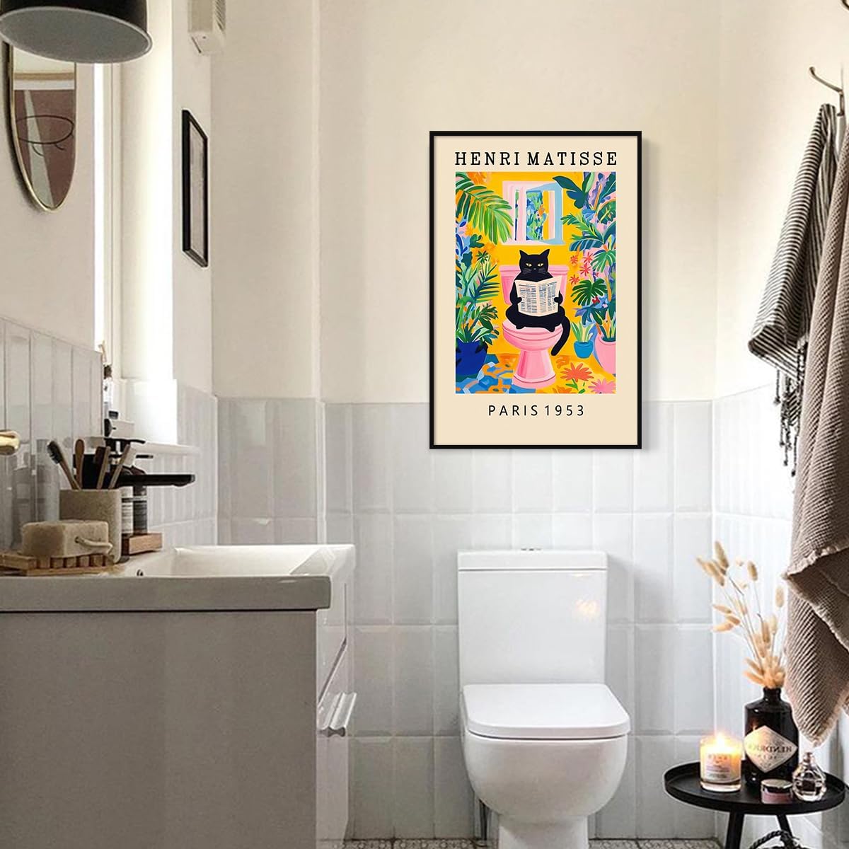 XMJJQQ Cat Canvas Wall Art, Black Cat on Toilet Reading Newspaper Bathroom Poster, Pink Dopamine Henri Matisse Inspired Mid Century Print, Green Tropical Botanical Restroom Picture 8x12in Unframed