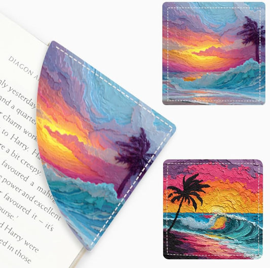 2PCS Leather Bookmarks 3.54 x 3.54 Inch Tropical Sunset Beach Design Reading Accessories for Books Journals Bibles Travel Diary Students Teachers and Book Lovers Gift