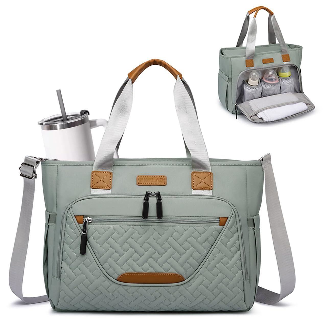 Diaper Bag Tote, Large Tote Diaper Bag with 16" Laptop Compartment, Baby Bag with Insulated Pocket for Mam and Dad, Ideal for Travel, Work (Morandi Grey) | Waterproof