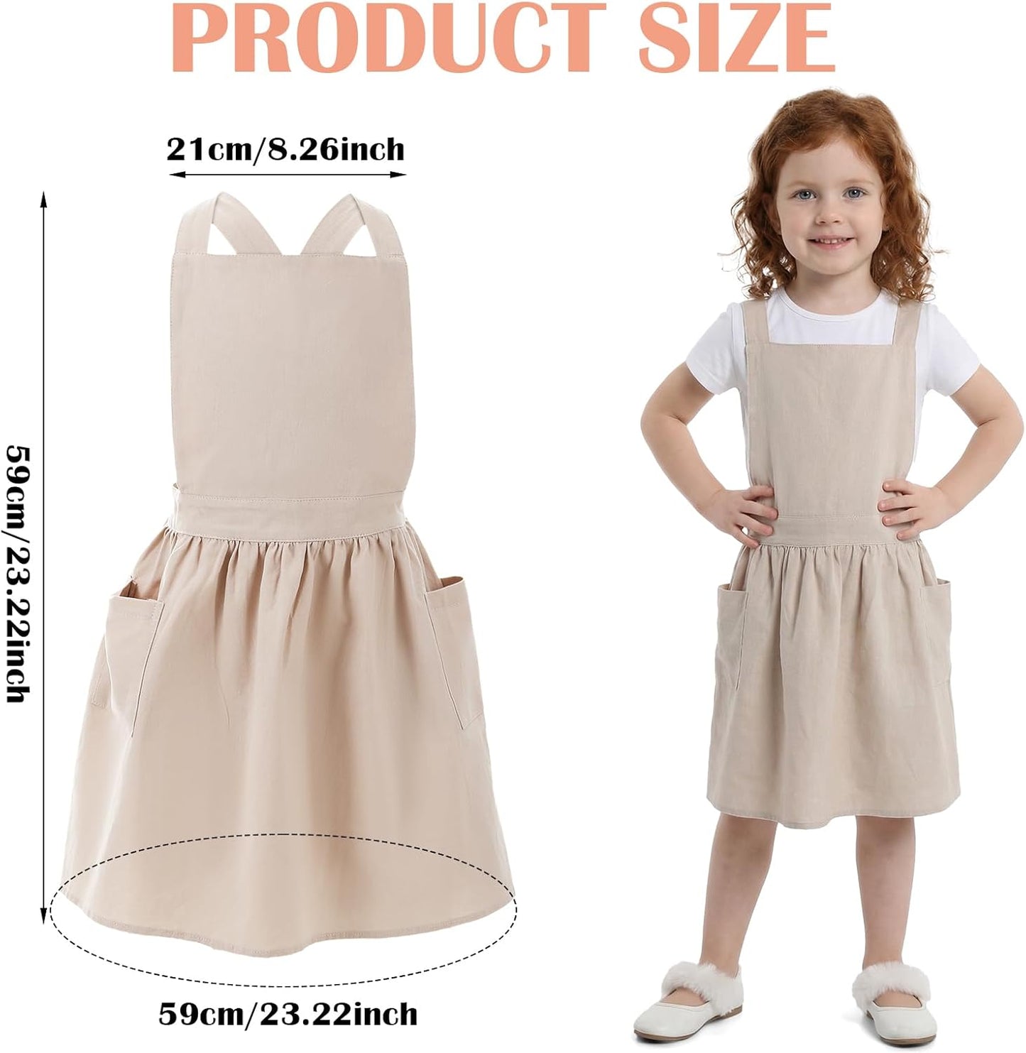 Kids Cross Back Apron with Pockets, Toddler Apron for Girls and Boys, Japanese Style Pinafore Aprons for Toddler Painting, Cooking, Baking, Gardening - Beige