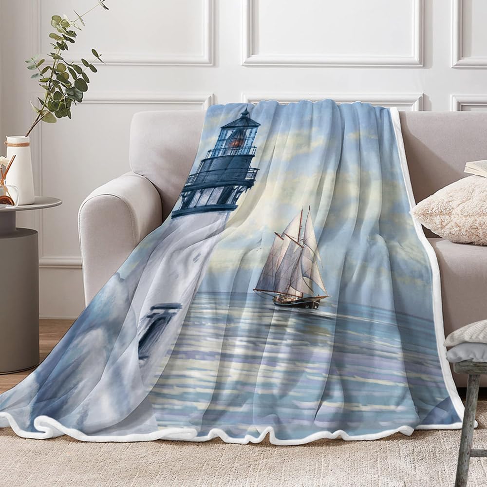Coastal Lighthouse Throw Blankets, Sunrise Blue Ocean Warm Cozy Flannel Blanket, Sailboat Nautical Blanket for Sofa Camping Couch Bed Travel 50X60 inch
