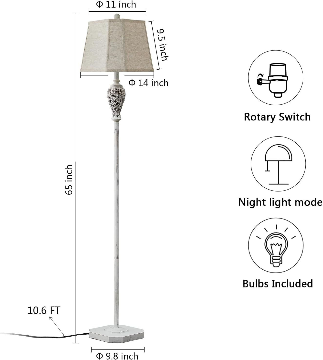 65'' Rustic Floor Lamp for Living Room with 2 Light Sources, Hollow Out Nightlight Resin Farmhouse Tall Standing Lamp for Bedroom Office Corner, Bulb Included (Wash White)