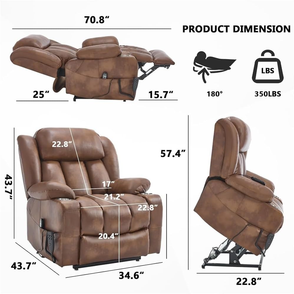 Dual Motor Power Lift Recliner Chair for Elderly and Seniors with Heat Massage and Lay Flat Function Breathable Brown Leather Reclining Sofa with Cup Holders and Remotes