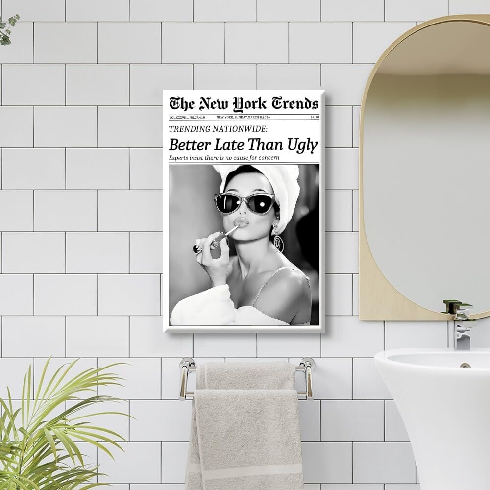 Vintage Newspaper Wall Art Black and White Canvas Prints Better Late Than Ugly Funky Feminist Poster Trendy Preppy Aesthetic Wall Decor for Girly Dorm Room Bathroom 8x12inch Unframed