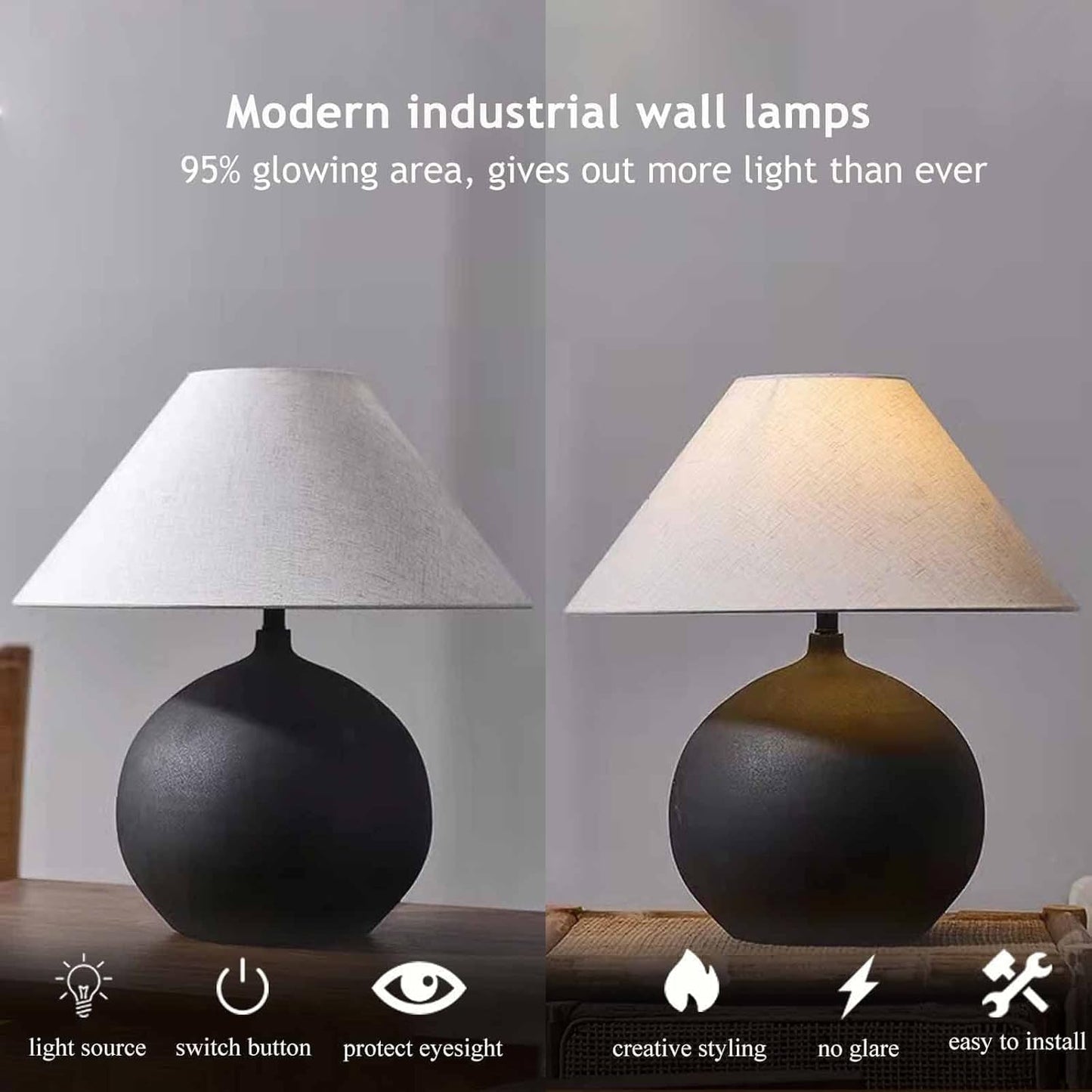 Rustic Round Black Ceramic Table Lamp 17.7'' Tall Farmhouse Black Crock Pot Desk Lamp Body with Tapered Fabric Shade Bedside Lamp for Living Room Bedroom House Office Entryway