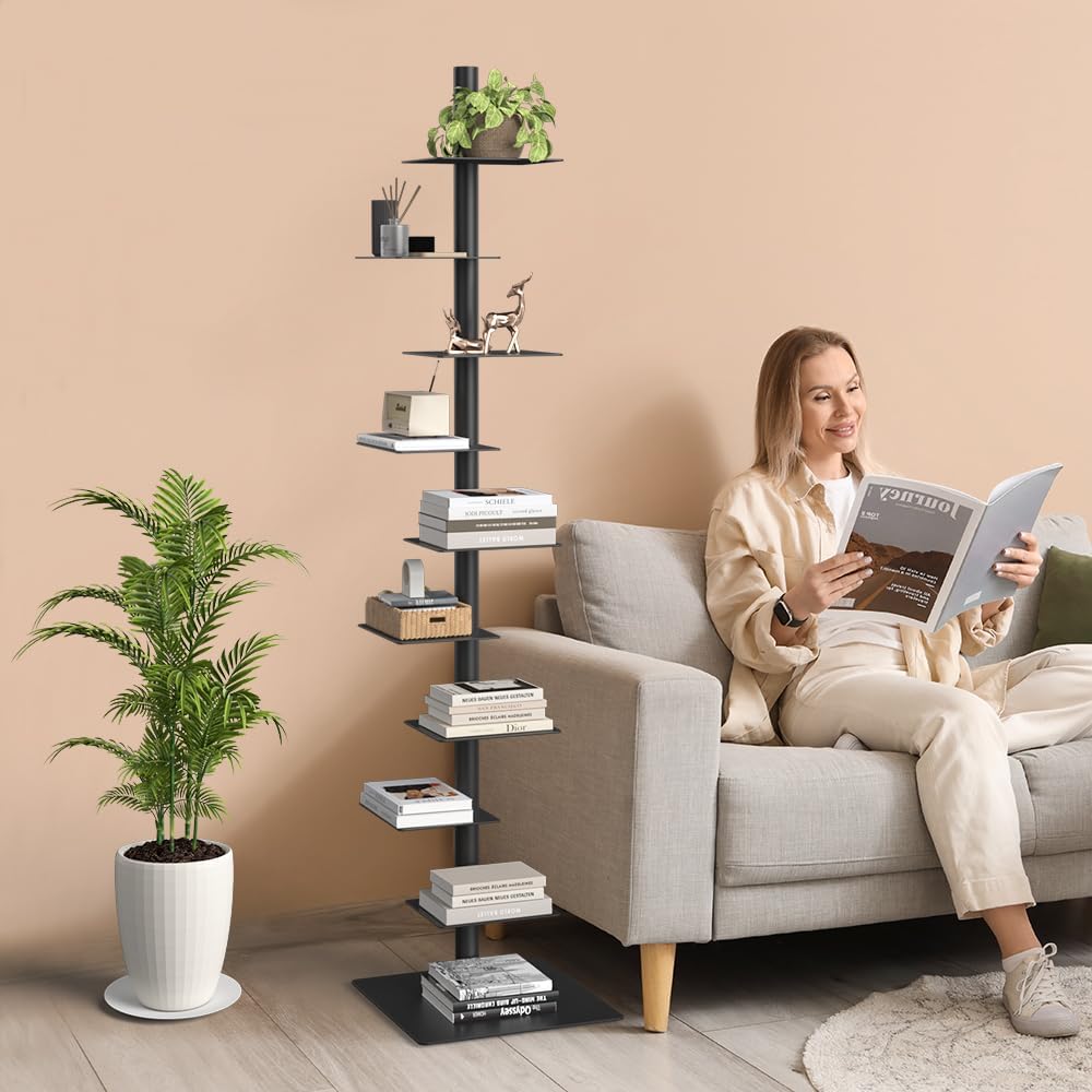 Nidouillet 9-Tier Metal Spine Bookshelf, Adjustable Vertical Tower for Books, Tall & Narrow Ladder Bookcase, Space-Saving Multipurpose Corner Storage Shelf, Display Stand, Tool-Free Assembly, Black