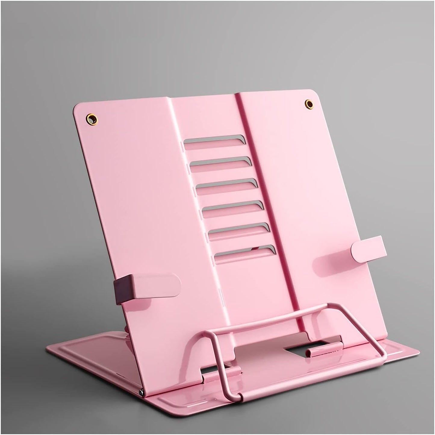 Book Stands and Holders for Reading Metal Book Stand with Fixing Clips Folding Reading Book Holder with 6 Adjustable Angles for Cookbook Tablet Textbook 8.3 x 7.7 inch for Kitchen and Office (Pink )