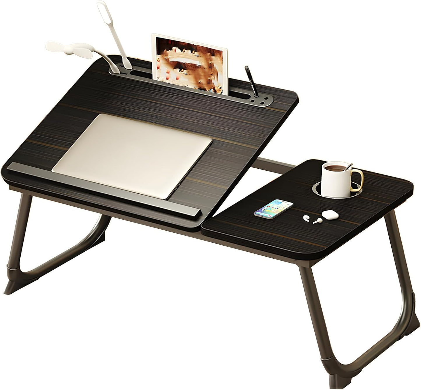 Adjustable Laptop Stand for Bed, Lap Desk, Portable Laptop Table with Cup and Tablet Card Slot, with Baffle Design to Prevent Items from Falling, Suitable for Studying and Working (Black-Upgraded)