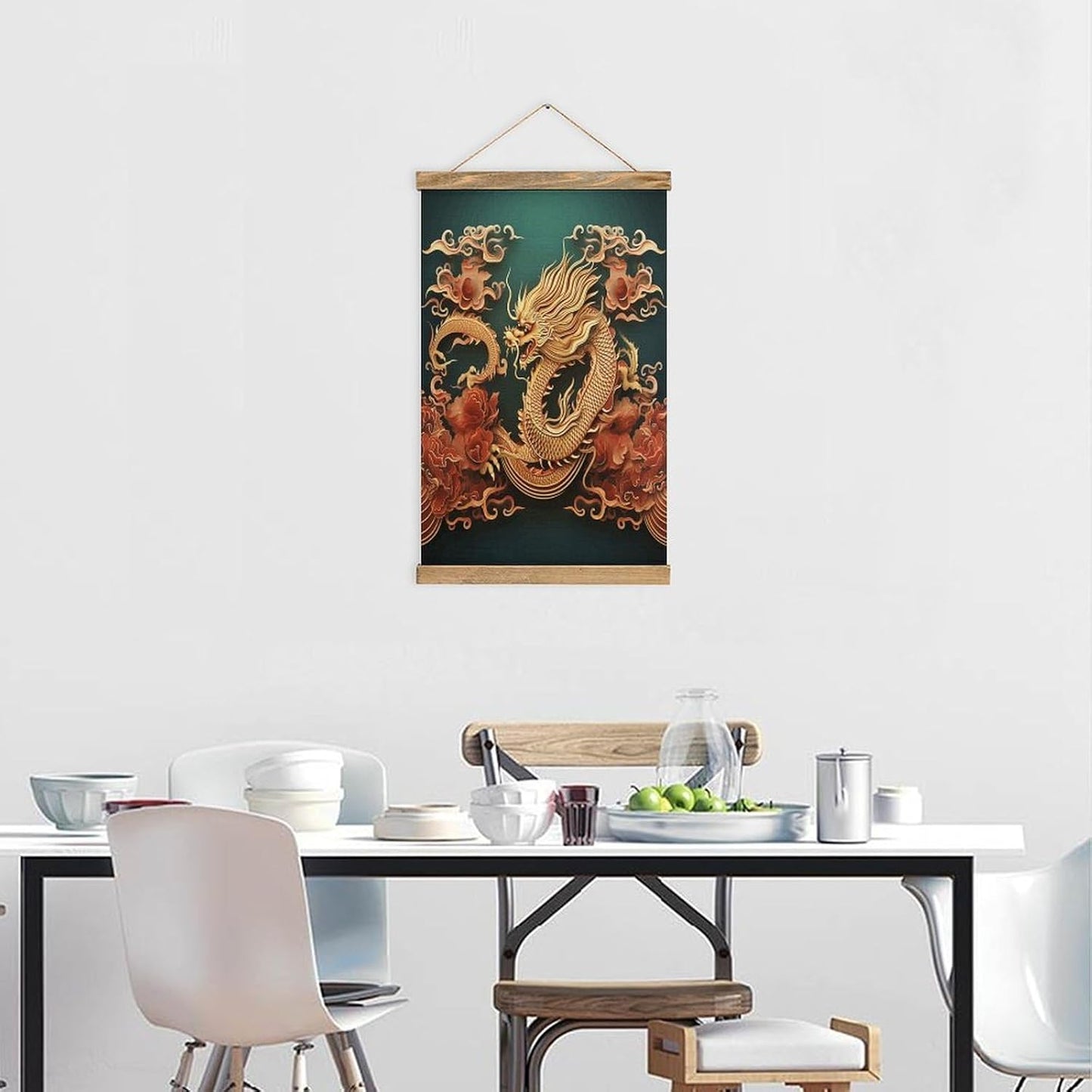 Vintage Dragon Chinese Background Poster with Wooden Frame Personalized Linen Hanging Scroll Painting Rustic Wall Hanging Illustrative Modern Artwork Decor for Home Living Room Bedroom Office