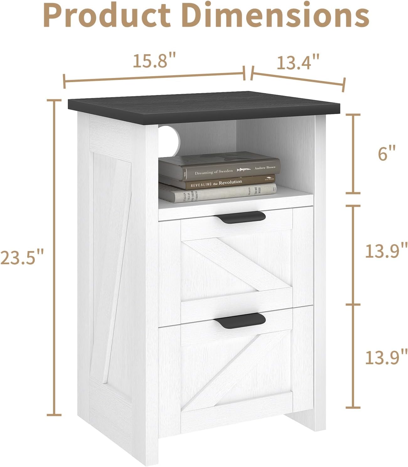 Farmhouse Nightstand, Rustic White Bedside Table with 2 Drawers and Storage Shelf, End Table for Bedroom, Living Room, Small Spaces, Set of 1