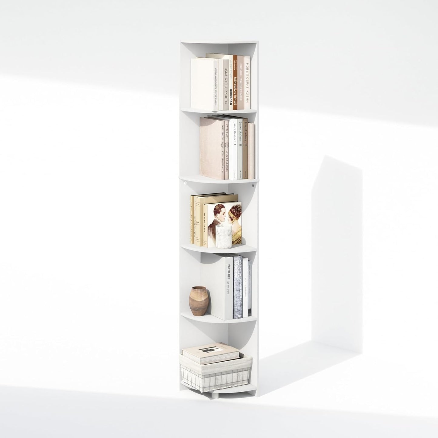 5-Tier Bookshelf with Corner Shelf — 12×12×70.8 in, White