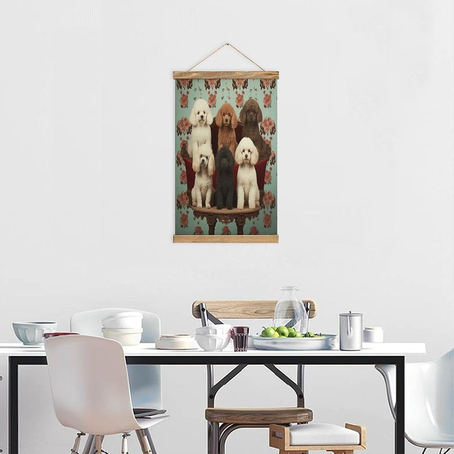 Vintage Poodles Dogs Poster with Wooden Frame Personalized Linen Hanging Scroll Painting Rustic Wall Hanging Illustrative Modern Artwork Decor for Home Living Room Bedroom Office