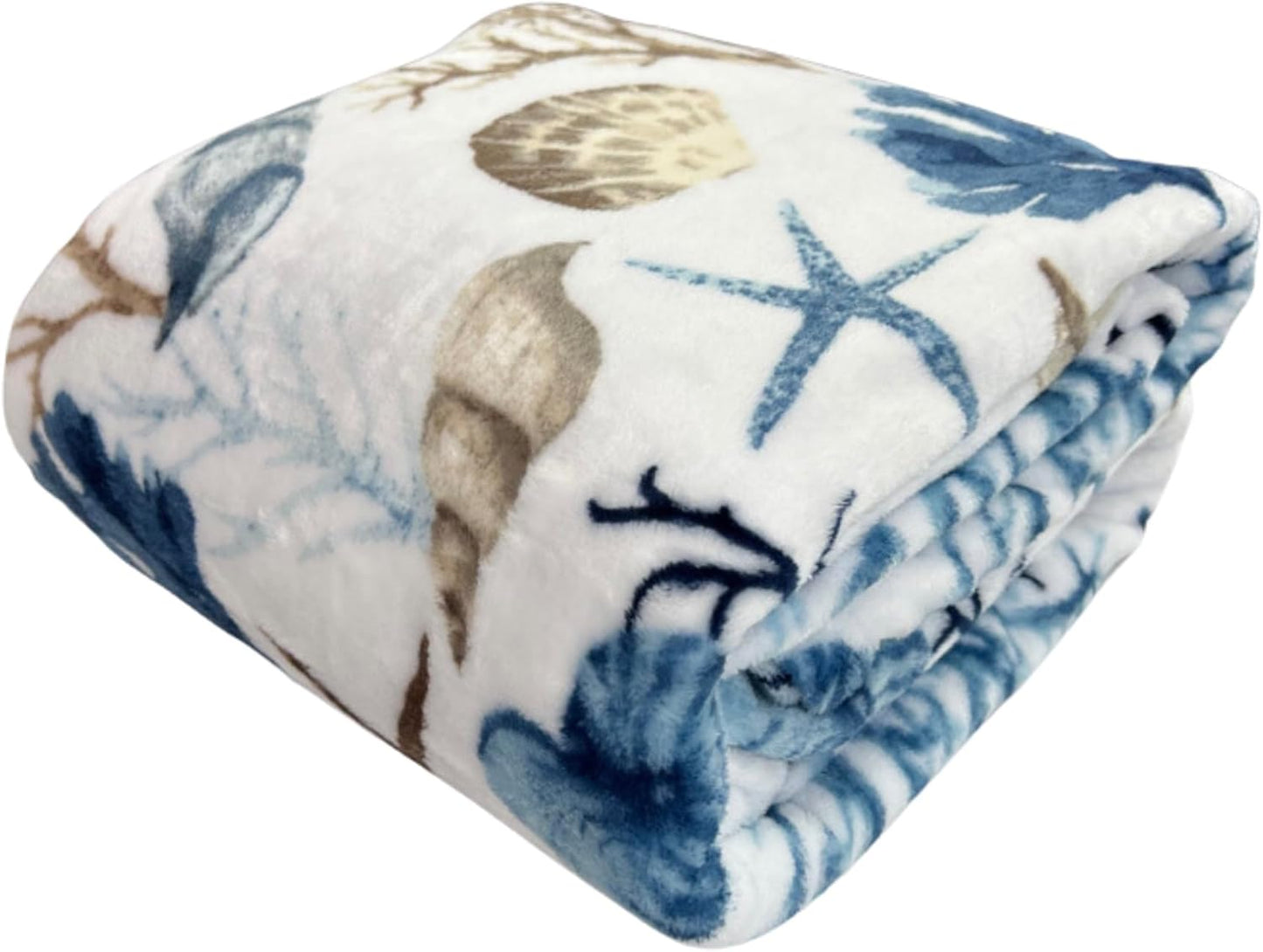 Ocean Life Coastal Throw Blanket: Soft Plush Velvet Fleece Blues Greys and Beige Brown on White, Accent with Shells Coral and Starfish, 50" x 70" Inches (Coral Reef)