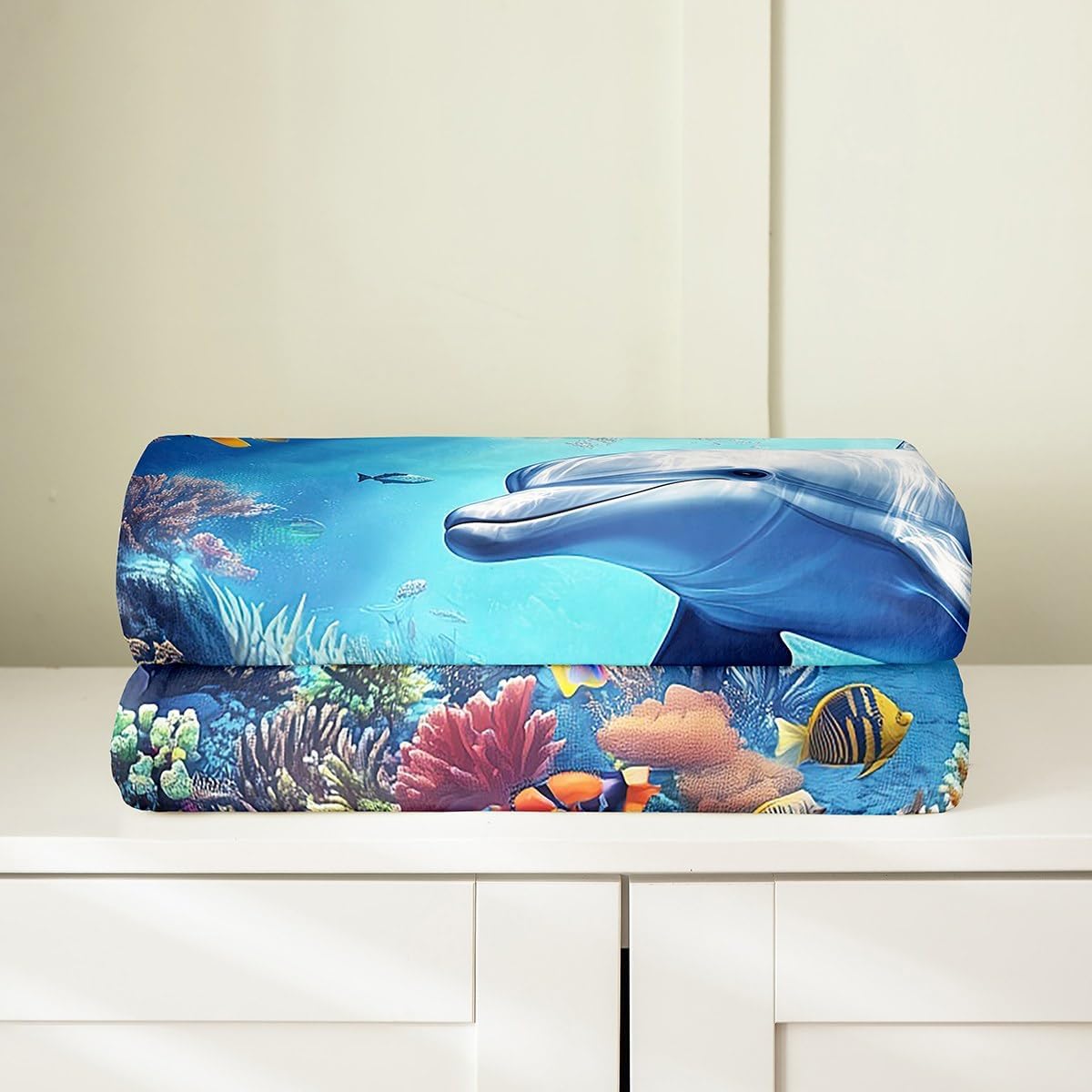 Castle Fairy 3D Dolphin Flannel Blanket,Ocean Coral Fish Blankets for Kids Boys Girls Teens Room Decor,Tropical Sealife Animals Fleece Blanket Underwater World Sherpa Blanket,for Chair/Sofa,90"×90"