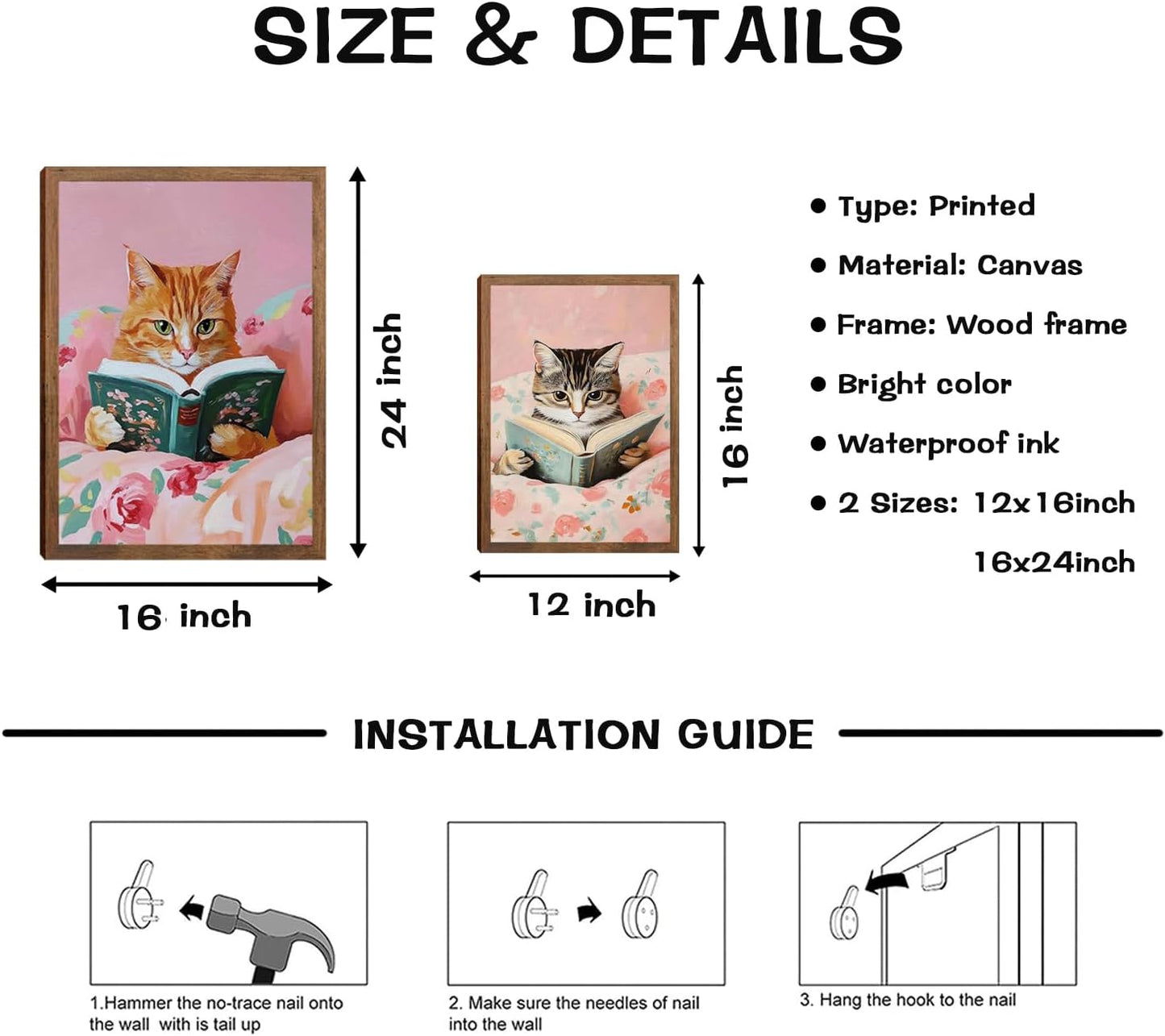 Cute Cat Wall Art Set of 3, Vintage Funny Black Cat Book Canvas Wall Decor, Pink Animal Reading Books Picture Print for Boby Room Bedroom Living Room Home Decor 12x16 Wood Framed