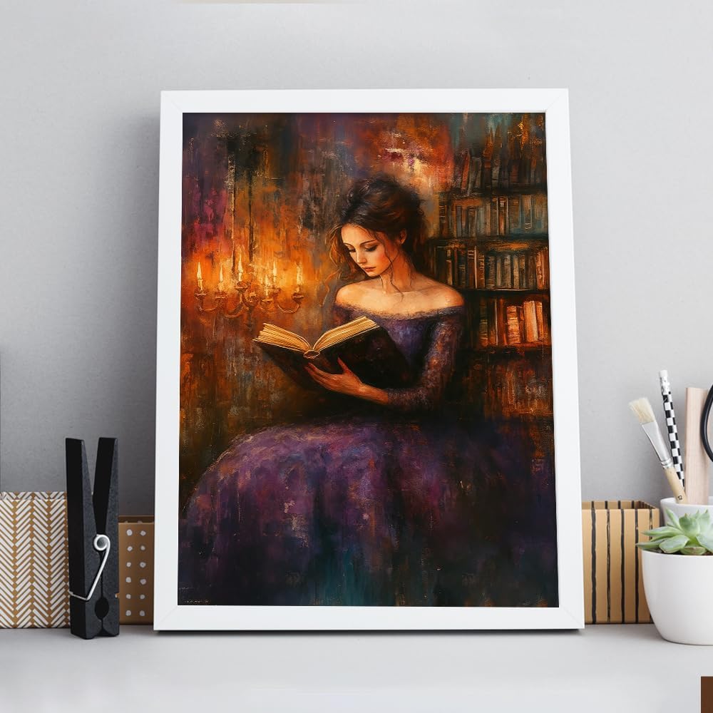Victorian Woman Reading in Candlelit Library Dark Academia Wall Art posters Print,Vintage Dark Academia Aesthetic moody wall art Reading Nook book room wall decor 08x10in Unframed
