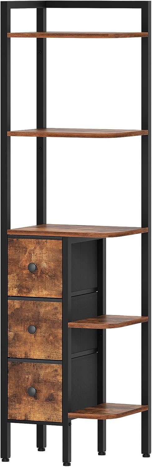 Corner Shelf Stand, 5-Tier Corner Bookshelf with 3 Drawers, Industrial Display Shelf for Narrow Spaces, Wooden Small Bookcase, Easy Assembly, Rustic Brown and Black CJ10BR