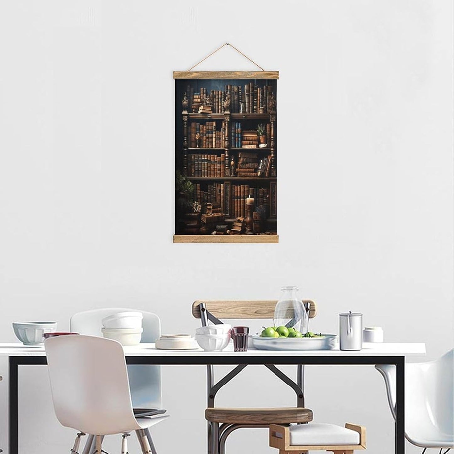 Vintage Books on The Bookshelf Poster with Wooden Frame Personalized Linen Hanging Scroll Painting Rustic Wall Hanging Illustrative Modern Artwork Decor for Home Living Room Bedroom Office
